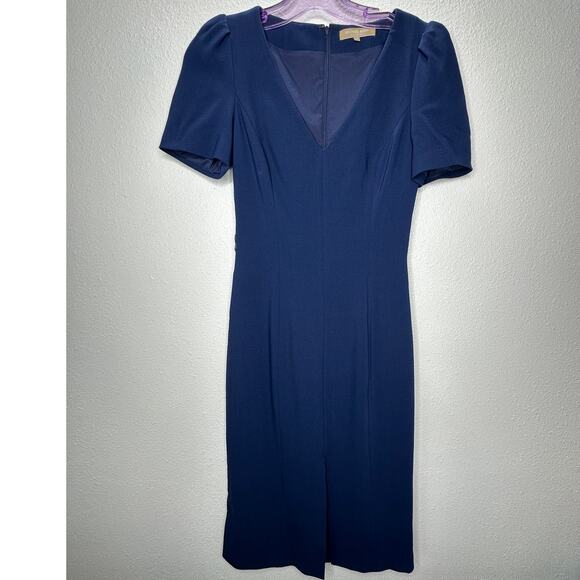 Michael Kors Navy Blue V-Neck Cap Sleeve Front Slilt Fitted Midi Dress 2 - Picture 1 of 14